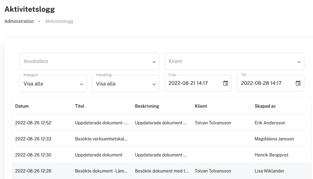 Picture of the Journala IT-system activity log page.